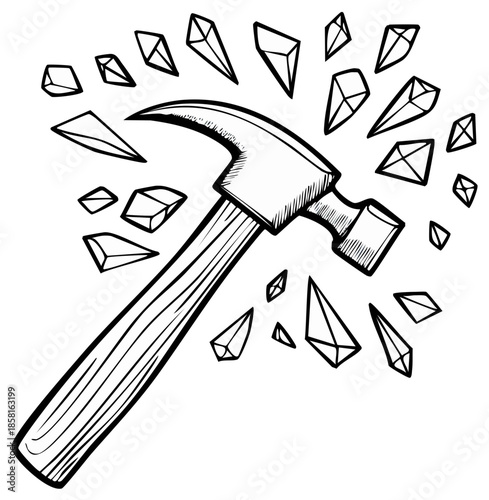 Hammer breaking crystals, concept of destruction, sketch illustration
