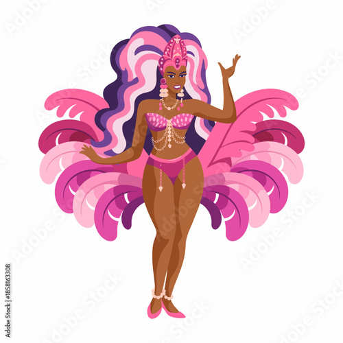 An elegant woman in a vibrant carnival costume strikes a pose against a white background, showcasing the bright colors and elaborate decorations of her outfit.