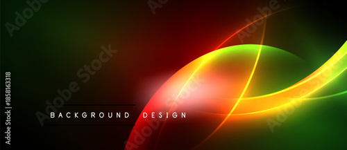 Vibrant abstract design features flowing lines, gradients. Red, green, yellow hues dominate dark background. Modern aesthetic.