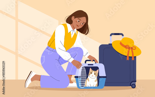 An illustration depicting a woman kneeling beside a suitcase, preparing to take her cat out of a pet carrier, ready for travel and adventure.