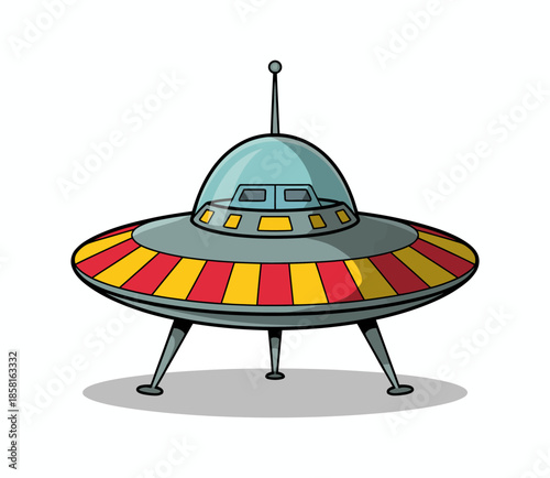 This illustration features a retro-style UFO with vibrant colors and a unique design, capturing the essence of science fiction and extraterrestrial themes.