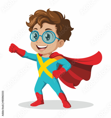 A cheerful young boy dressed as a superhero, symbolizing imagination, confidence, and the adventurous spirit of childhood, ready to take on challenges with joy and enthusiasm.