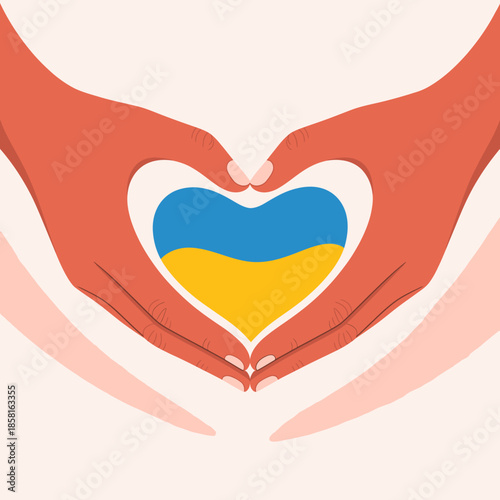 Two hands forming a heart shape, symbolizing love and solidarity, with the colors of the Ukrainian flag, expressing support and empathy during challenging times.