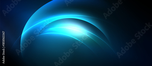 Abstract blue light curves radiate from bright center. Dark background emphasizes glowing shapes, creating dynamic visual effect.