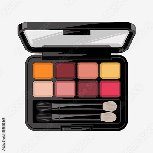 A sleek makeup palette featuring an array of vibrant colors, complete with brushes, perfect for beauty enthusiasts. The design symbolizes creativity and self-expression through makeup.