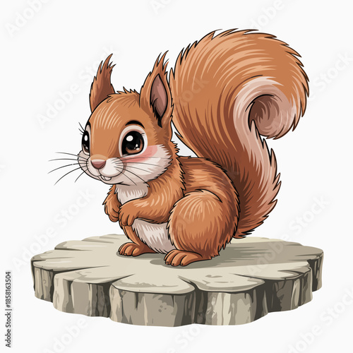A cute cartoon illustration of a cheerful squirrel with exaggerated features, showcasing its fluffy tail and playful demeanor in a whimsical style suitable for children's art.