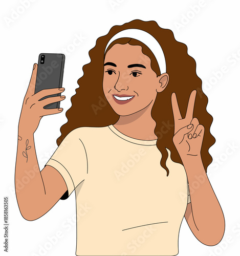A lively and engaging illustration of a girl happily taking a selfie, capturing a moment of joy and self-expression in a modern, youthful artistic style.