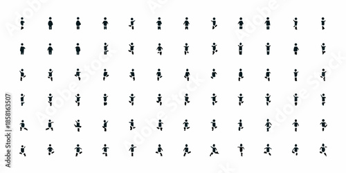 A grid of small dark figures resembling people walking in a uniform pattern