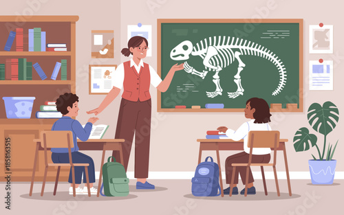 This lively classroom scene features a dedicated teacher using engaging visuals to explain concepts to curious students, highlighting education and learning in a fun way.