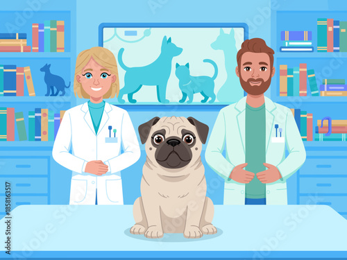 A cheerful veterinary team poses with an adorable pug in their clinic, showcasing care for pets, professionalism, and the heartfelt connection between animals and humans.