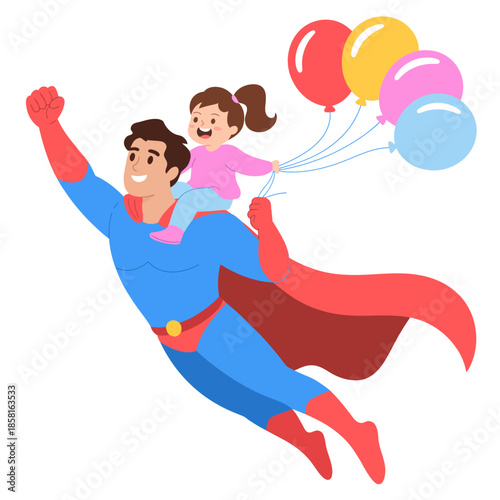 An exciting digital illustration of a superhero flying through the sky with a child, who joyfully holds onto colorful balloons, embodying adventure and whimsy.