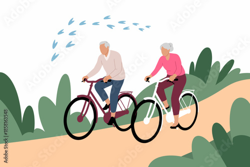 An energetic elderly couple enjoys a cycling outing on a scenic path, emphasizing the importance of fitness, companionship, and outdoor activities in later life.