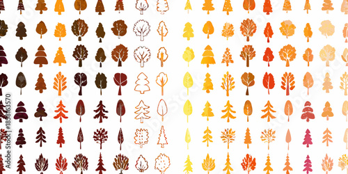 An array of autumn leaves and trees in varying shades of orange and brown