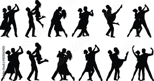 Romantic dancing couples silhouettes collection featuring ballroom tango waltz dance poses isolated on white background elegant love motion