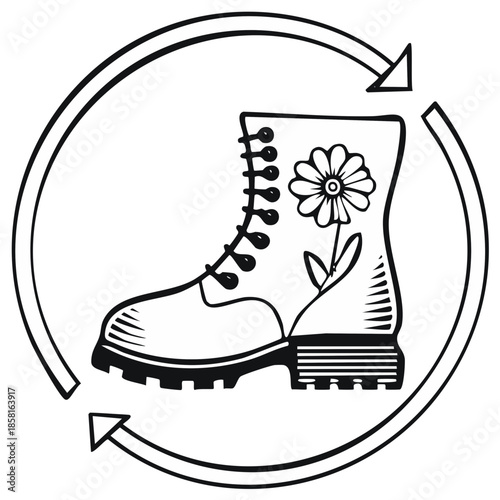 Recycle fashion shoe with flower sign. Environmental lifestyle concept isolated vector drawing.