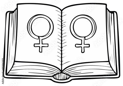 Open book illustration featuring female gender symbols - concept for gender studies and equality