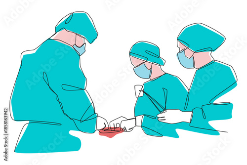 Minimalist line art illustration of a surgical team in operating room . Editable stroke . Vector .