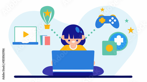 Illustration of a girl using a laptop surrounded by gaming and media related icons and elements art
