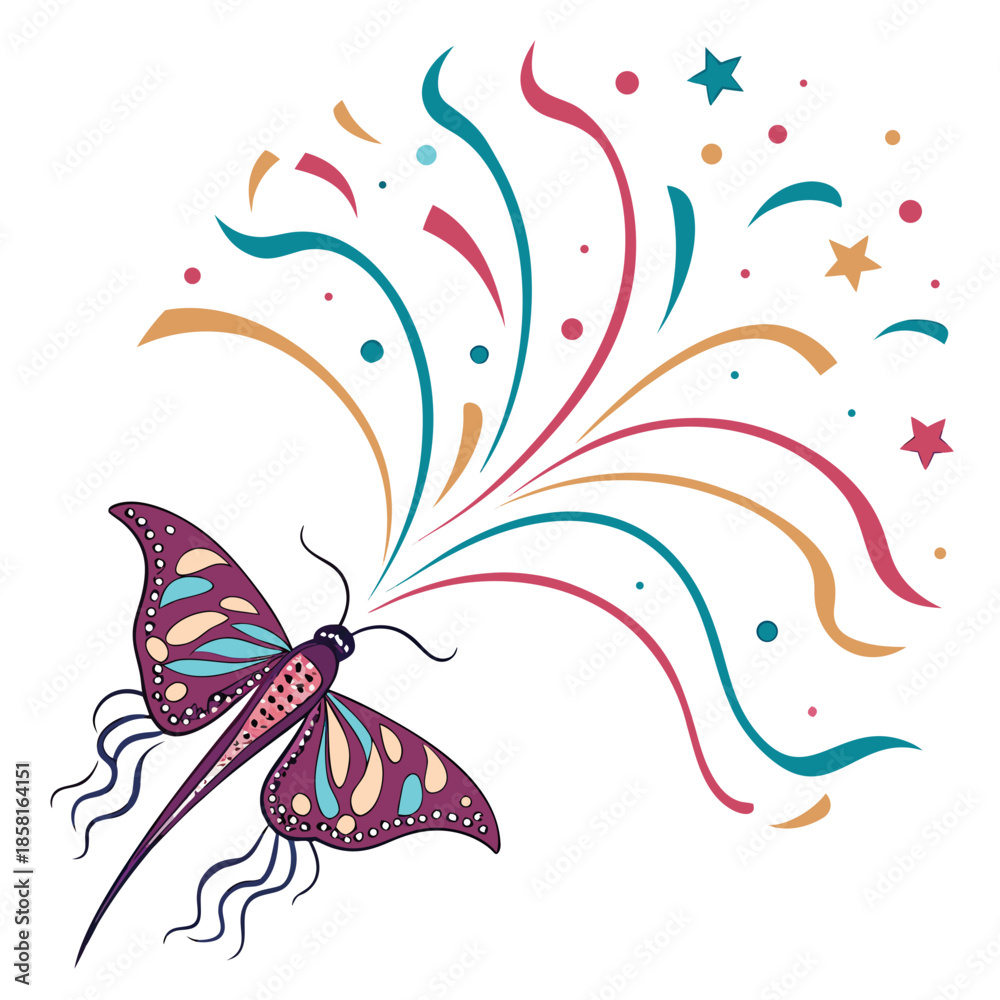 Fototapeta premium a whimsical illustration showcases a vibrant butterfly taking flight amidst a burst of colorful streaks and sparkling stars