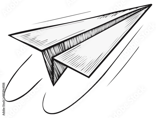 Hand Drawn Paper Airplane Soaring with Motion Lines on White Background. Illustration of Flight and Childhood Dreams