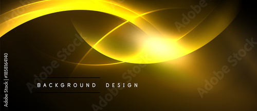 Abstract golden lines create dynamic wave effect over dark background. Bright glow emanates from center, adding visual interest.