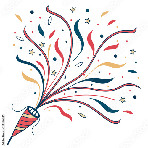 A vibrant illustration depicting a party popper bursting with colorful confetti and sparkling stars creating a festive atmosphere