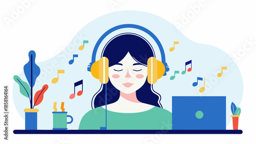Illustration of a woman with headphones listening to music with a laptop plants and coffee nearby at desk