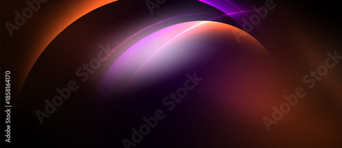 Abstract composition featuring curved lines, vibrant colors, dark background. Soft gradients create luminous effect. Modern design.