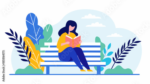 A woman is sitting on a park bench reading a book surrounded by stylized foliage and a cloudy sky view