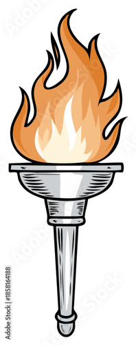 Torch illustration with burning flame, silver, graphic design, vector art element, burning fire.