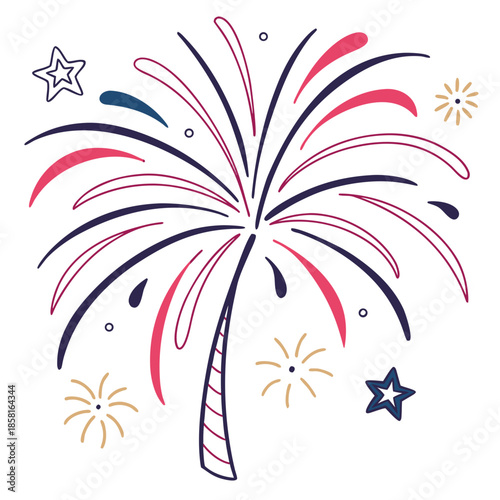 A vibrant and stylized illustration of fireworks bursts with red blue and gold elements adorned with stars