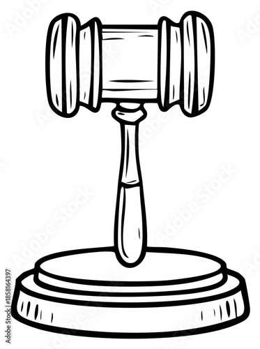 Cartoon wooden gavel on a round base, court of law justice concept