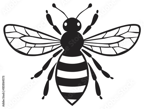 Striking Honeybee Illustration Featuring Bold Black and White Lines, Graphic Animal Design with Prominent Wings and Detailed Striped Body for Commercial Applications