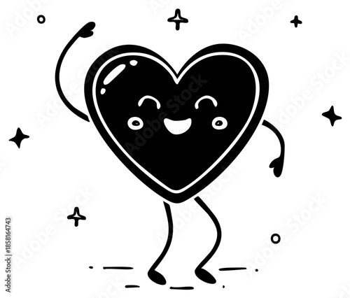 Cartoon heart character dancing cheerfully with a happy face and sparkling stars around it