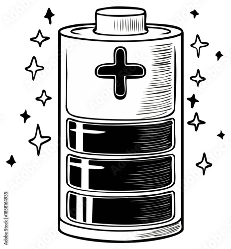 Illustrated Battery Icon with Energy Sparks and Positive Symbol Concept