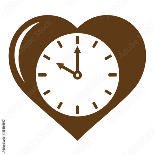 Vintage heart shaped clock icon with white face and brown hands and border