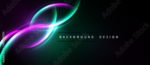 Abstract neon lines create dynamic curves against dark background. Vibrant colors blend, forming modern design element.