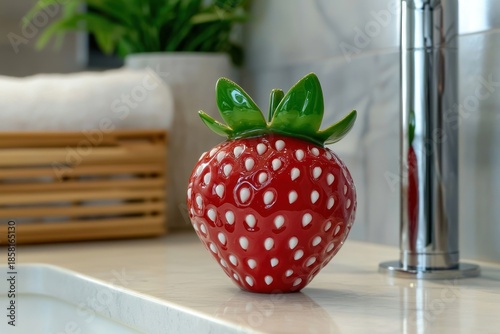 A small strawberry-shaped soap dispenser with glossy finish
