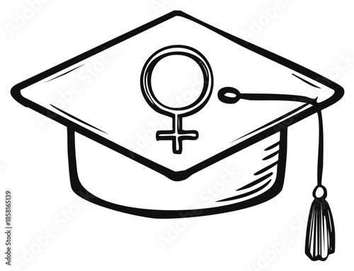Graduation cap with female symbol - line art illustration on education for women, equality of opportunity in academic career