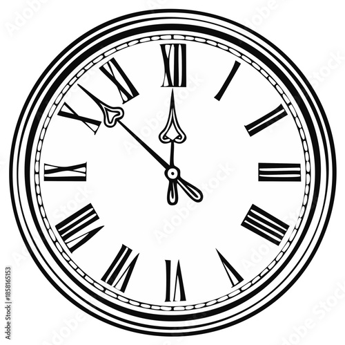 Vintage clock face black and white illustration shows time ticking concept design