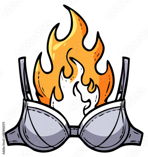 Burning bra cartoon illustration against objectification for women's rights liberation