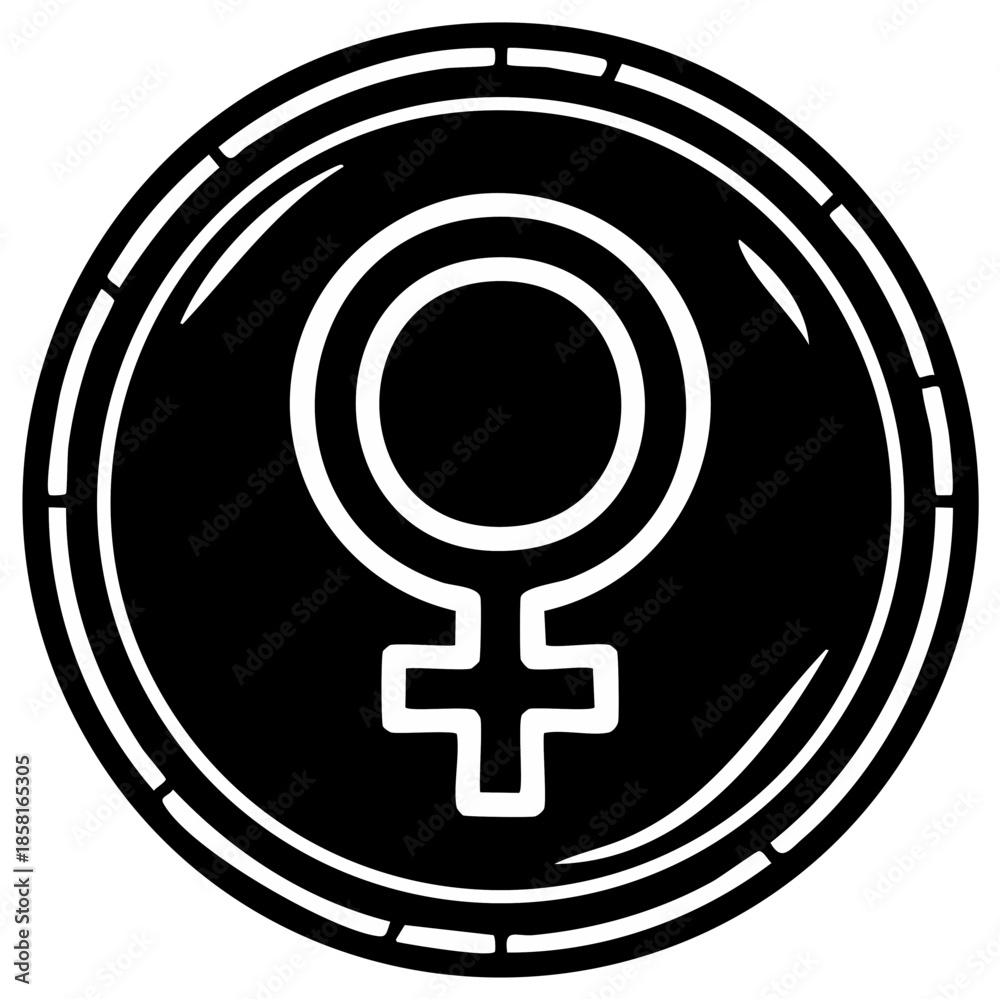 Fototapeta premium Stylized female gender symbol icon in a black circular frame representing womanhood and identity
