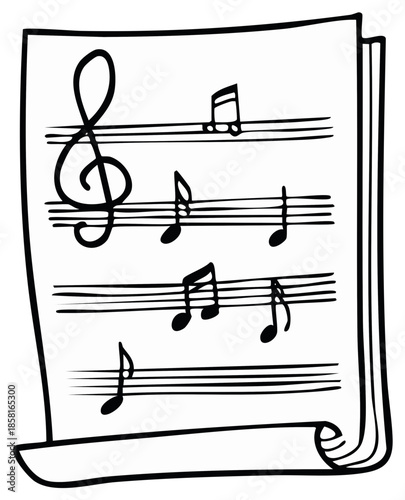 Black and white illustration of musical notes on a staff sheet music page. Drawn sketch of melody symbol.