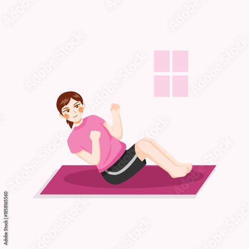 A flat illustration of a woman performing sit up exercise on a mat, symbolizing core training and a healthy fitness routine.