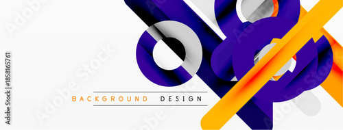 Abstract geometric design. Overlapping shapes create dynamic visual effect. Orange, blue hues dominate white background. Modern style.