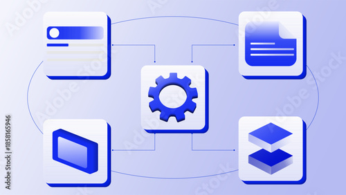 Isometric Workflow Automation Diagram – Royal Blue Gear and Digital Data Icons | UI UX Illustration