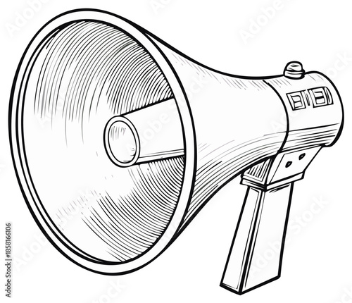 Illustration of a handheld megaphone with clear contours, representing announcement or promotion, presented in a line art style