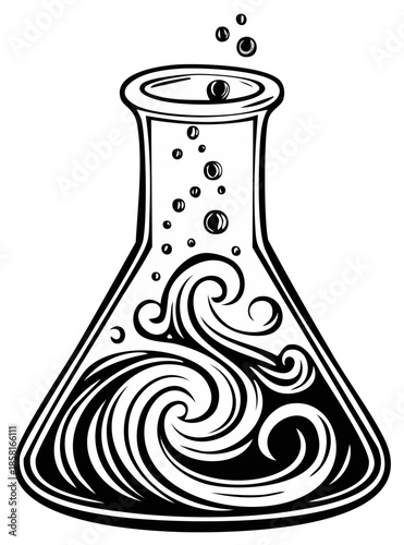 Erlenmeyer flask with swirling liquid, bubbles, science lab glassware illustration