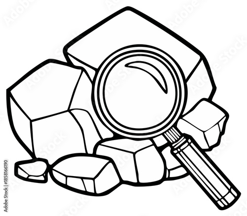 Cartoon Rocks Under Magnifying Glass Outline Vector Clip Art Illustration