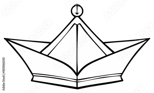 Simple Outline Drawing of a Paper Boat with a Compass Symbol on Top